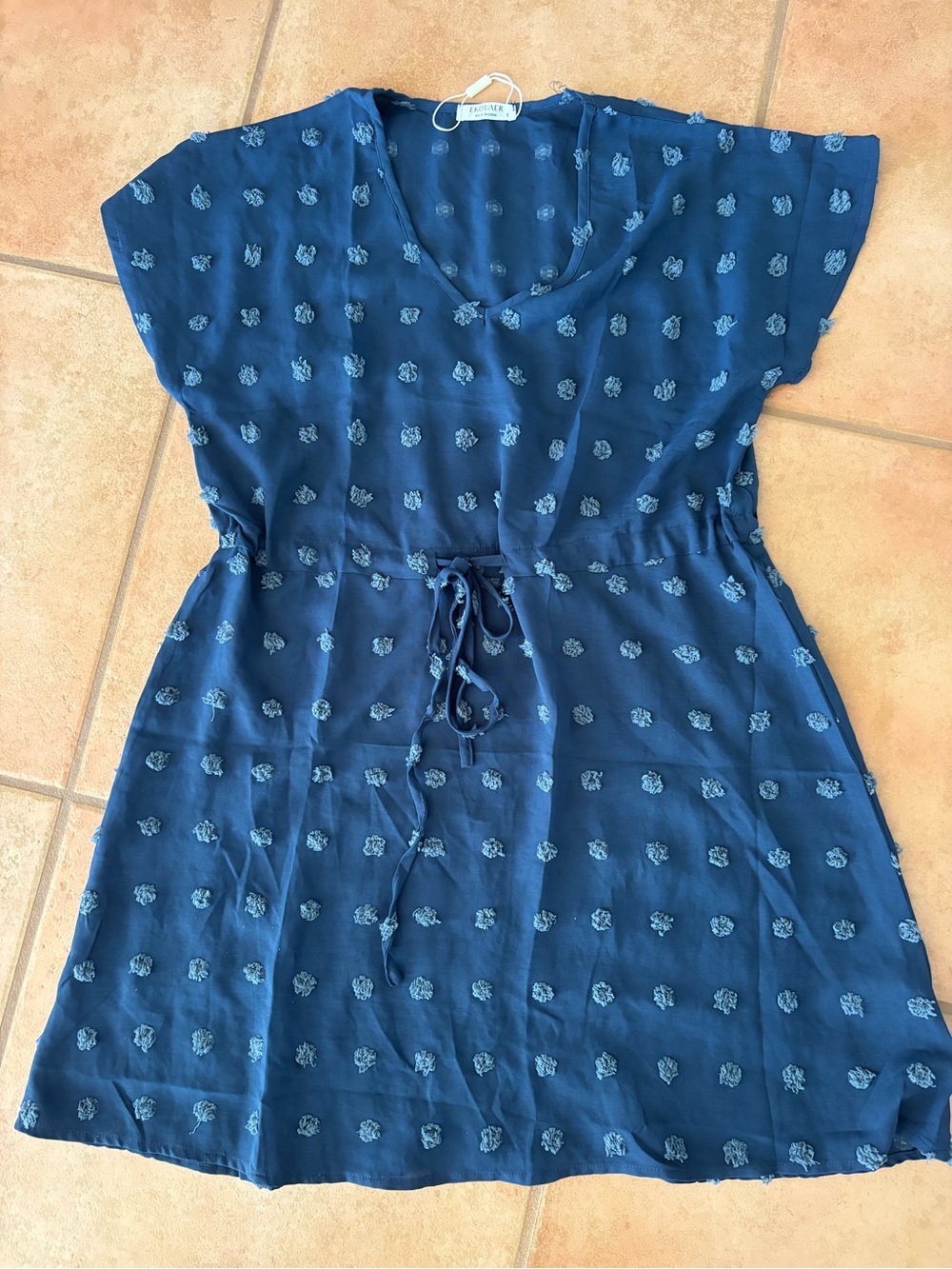 Raised Polka Swiss Dot Tie-Waist Mini Cover Up/ Dress in Navy